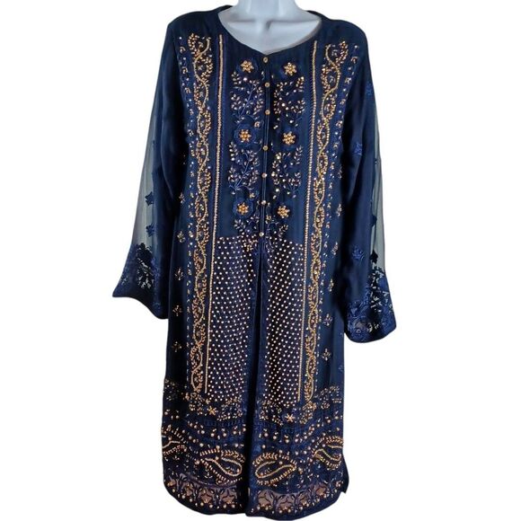 Zoon Collection Navy Embroidered Tunic Dress – Gold Sequin Overlay, Sheer Lace M - Picture 2 of 9